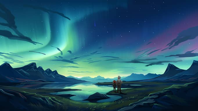 Digital illustration of a grandpa and a young girl standing by a lake, witnessing the mesmerizing Aurora Borealis in a night sky over a rugged landscape with mountains and a distant horizon.