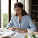 A young woman with headphones on reading a text aloud