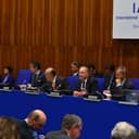 IAEA Board Chairperson Mr. John Barrett, (second from left), welcomes delegates and member states at the opening of the 1339th Board of Governors Meeting, 29 November 2012, IAEA Headquarters, Vienna, Austria.
From left to right: Rafael Grossi, IAEA Chef de Cabinet, IAEA Director General Yukiya Amano, IAEA Board Chairperson John Barrett, and Vilmos Cserveny IAEA Secretary Policy Making Organs