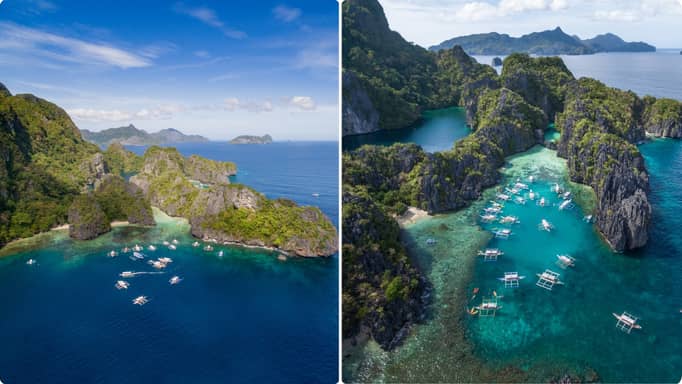 Collage of two aerial images of Big Lagoon and Small Lagoon, Miniloc Island.