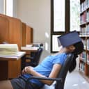 Girl slouching in chair in library with a book over her face