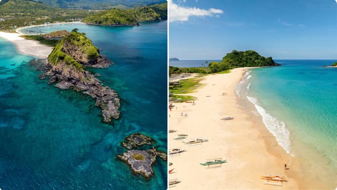Collage of two aerial images of Nacpan Beach in El Nido.