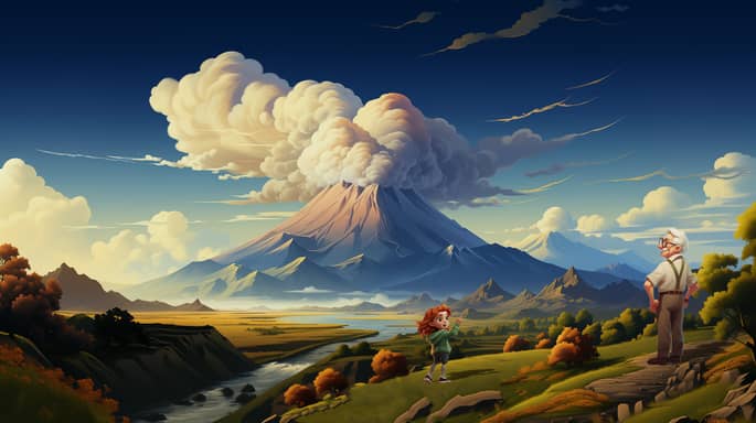 Digital illustration of a grandpa and a young girl standing on a hill, observing an erupting volcano in the distance, with a dramatic sky above and a sweeping view of the landscape that includes fields, rivers, and distant mountains.