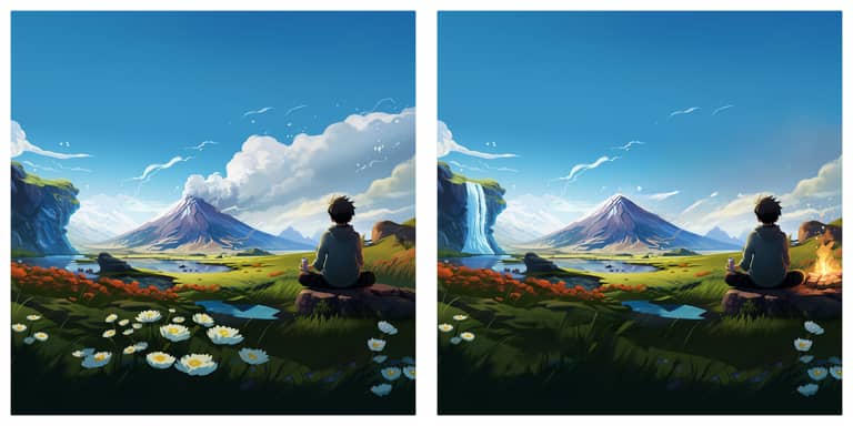 Digital illustration of a young person sitting peacefully on a rock, overlooking a majestic landscape with a towering volcano, a cascading waterfall to the side, and a field of orange flowers and water lilies in the foreground under a sky with fluffy clouds.