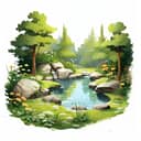 Digital illustration of a pond surrounded by trees and rocks on a sunny day