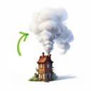 Digital illustration of a house emitting smoke from the chimney, green arrow points at the smoke