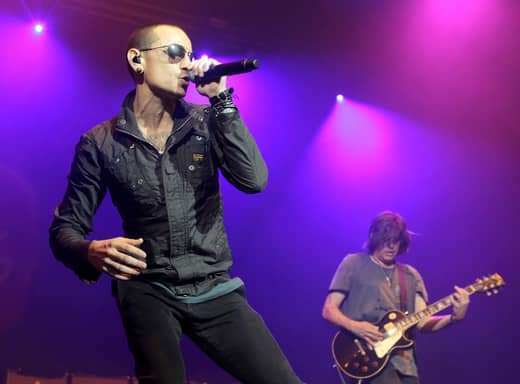 Chester Bennington, left, performs during the MMRBQ Music Festival 2015 at the Susquehanna Bank Center in Camden, N.J., on May 16, 2015.