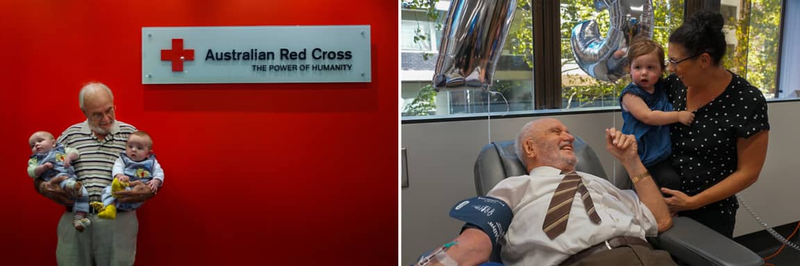 A collage of James Harrison holding babies and donating blood
