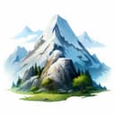 Digital illustration of a snow-capped mountain range with grassy land surrounding it.