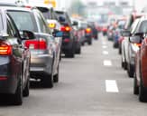 A traffic jam viewed from the street level