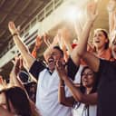 Crowd of sports fans cheering during a match in stadium.