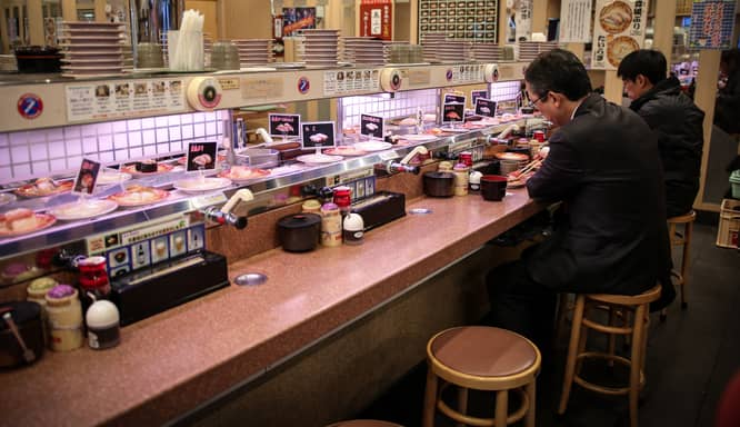 Osaka, Japan - 10 january 2017: Conveyor belt sushi (kaitenzushi) in Osaka/Tokyo.