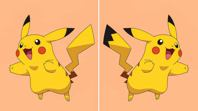 Mandela effect shown on Pikachu where one has a black stripe on its tail and the other doesn't.
