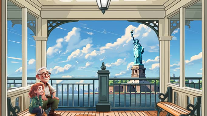 Digital illustration of a grandpa and a young girl sitting on a ferry or pier with the Statue of Liberty in the background, framed by the architectural details of the ferry's shelter and set against a backdrop of a clear blue sky with fluffy clouds.