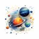Digital illustration of space with three plants visible, blue, orange and green