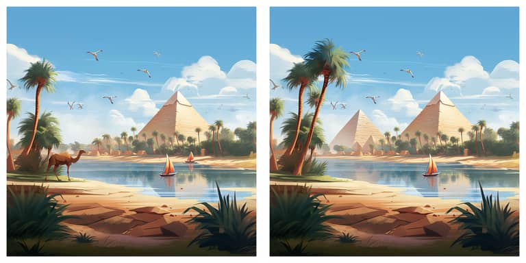 Stereoscopic image of the Giza pyramid complex by the Nile River, with a foreground of lush palm trees and a camel on the left, and traditional boats sailing on the water, under a sky filled with clouds and birds.