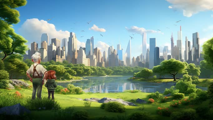 Digital illustration of a grandpa and a young girl standing in Central Park, New York, with a lush green landscape in the foreground and the city skyline in the distance, reflecting on a calm lake under a clear sky with fluffy clouds.