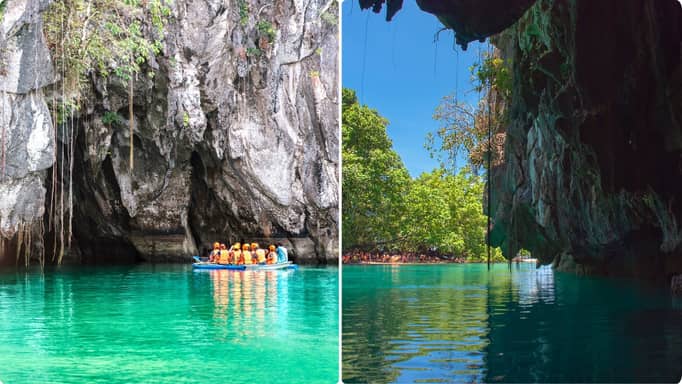 Collage of two images of caves in Puerto-Princesa National Park.