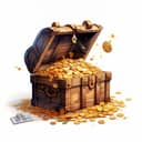 Digital illustration of an open treasure chest overflowing with gold coins