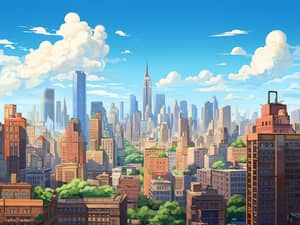 Digital illustration of a sunny day in New York City showcasing a view of the skyline with prominent skyscrapers, lush greenery, and expansive blue skies with fluffy clouds.