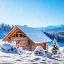 Winter mountain landscape with wooden house on sunny clear day. Alpine village in snowy mountains. Frosty morning in Alps, Switzerland.