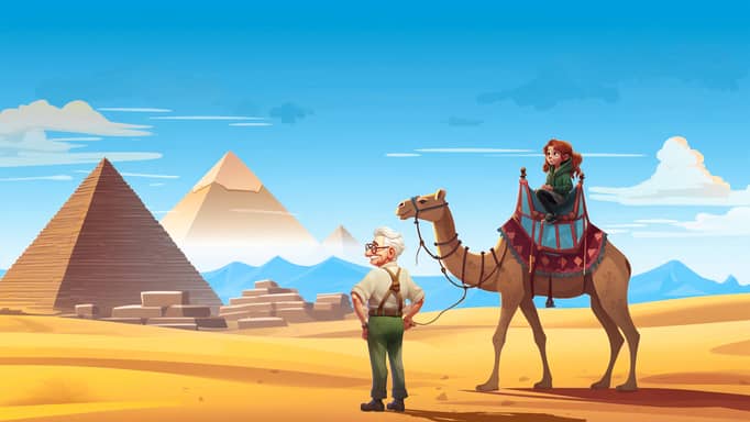 Digital illustration of a smiling elderly man holding the reins of a camel, on which a young red-haired child sits, with the Pyramids of Giza in the background under a clear blue sky