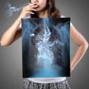 Artistic imagining of a lung x-ray containing smoke superimposed on a woman smoking