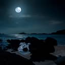 Moon shining brightly over a beach on a mostly clear night.