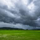 Dark clouds and heavy rain fall on a rice field during Thailand's rainy season.