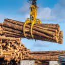 A log grapple lifting timber to a cargo ship
