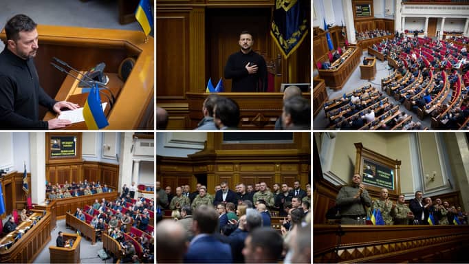 In this photo provided by the Press Service Of The President Of Ukraine on Oct. 16, 2024, Ukraine's President Volodymyr Zelenskyy speaks to parliamentarians at Verkhovna Rada in Kyiv, Ukraine. 