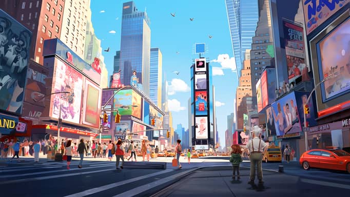Digital illustration of a grandpa and a young girl standing in the middle of Times Square in New York City, surrounded by the bustling atmosphere, towering billboards, and the vibrant energy of the crowds and yellow cabs under a clear blue sky with soaring birds