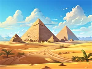 Digital illustration of the Giza pyramid complex including the Great Pyramid of Giza and smaller surrounding pyramids set against a backdrop of blue skies, white clouds, and a desert landscape with palm trees and trails in the sand