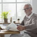 A senior man sitting next to a window reading newspaper
