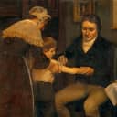 Edward Jenner performing his first vaccination on James Phipps, a boy of age 8 in 1796