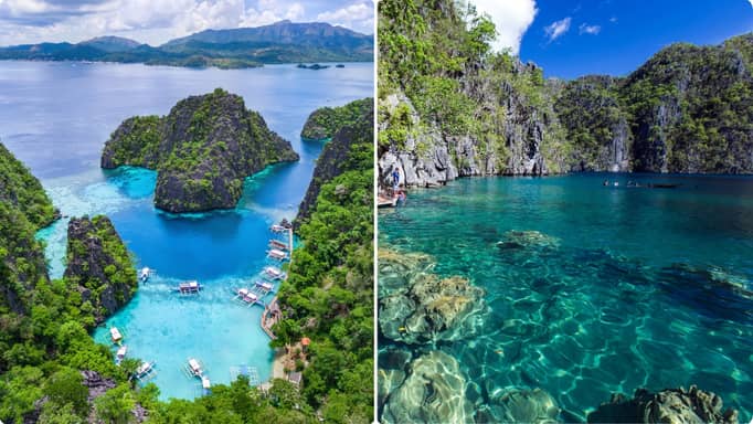 Collage of two aerial images of Kayangan Lake, Coron Island.