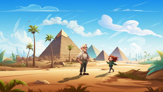 Digital illustration of an elderly man and a young, red-haired child walking towards the viewer, with the child looking back playfully. They are in a desert setting with the Pyramids of Giza in the background, under a sky with dynamic clouds and contrails.