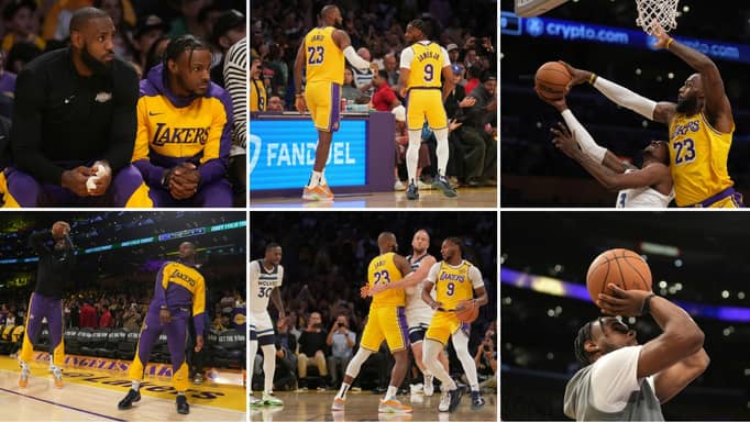 Los Angeles Lakers forward LeBron James (23) and guard Bronny James (9) stand on the court during the first half of an NBA basketball game against the Minnesota Timberwolves, Tuesday, Oct. 22, 2024, in Los Angeles.