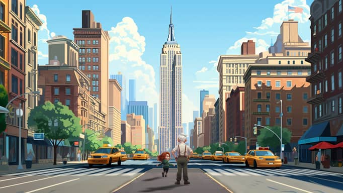 Digital illustration of a grandpa and a young girl holding hands in the middle of a street in New York City, with a line of yellow taxis and the Empire State Building towering in the background under a sky dotted with fluffy clouds.