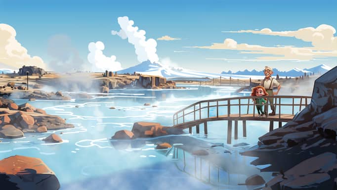 Digital illustration of a grandfather and granddaughter standing on a bridge over a steaming geothermal river in an Icelandic landscape, with volcanic mountains in the distance under a sky with soft clouds.