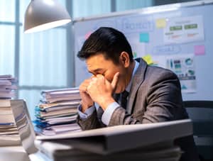 Weary man wiping his eyes in front of a computer surrounded by various documents