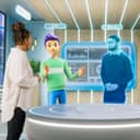 Real woman manager conducting a business meeting in a virtual office alongside avatars of colleagues and the hologram of another specialist.