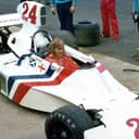 James Hunt, with his Hesketh March 308 in the pit lane at Brands Hatch during the Simoniz Daily Mail Race of Champions in England, 1974.