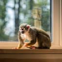 Squirrel monkey kept as a domestic pet sitting on a window sill