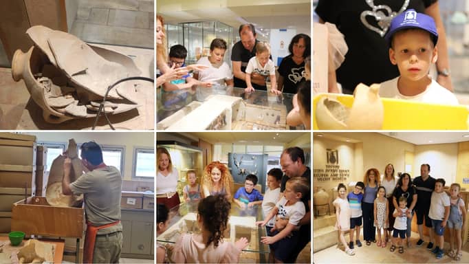 broken vase; man repairing the broken Roee Shafir jar; 4-year-old boy and his family visiting the Hecht Museum after the accident