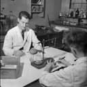 Black and white photo of two people working in laboratory setting