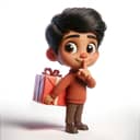 Digital illustration of a young boy hiding a gift box behind his back, finger on his mouth for being quiet