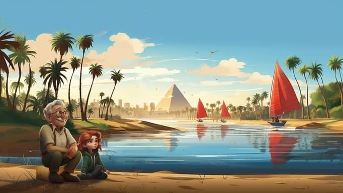 Digital illustration of a grandfather and a young girl sitting by the Nile River, watching boats with red sails. The Giza Pyramids are visible in the background, framed by palm trees and a sky with soft clouds at sunset.