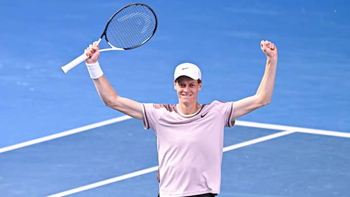 Jannik Sinner after beating Novak Djokovic at the Australian Open on January 26, 2024.