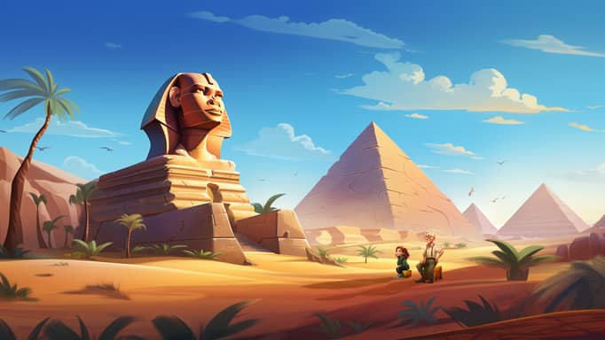 Digital illustration of an elderly man and a young child sitting on a suitcase, admiring the Great Sphinx of Giza with the Pyramids in the background, set against a vivid sky with light clouds.